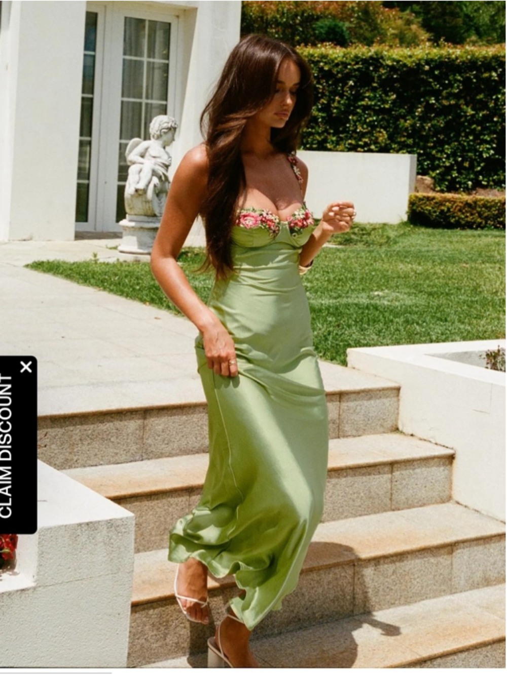 Green Satin Floral Embroidered Corset Maxi Dress Spaghetti Strap Backless Gown